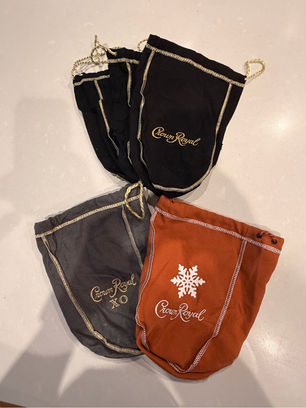6 Crown Royal Drawstring Bags - Black, Gray (XO) & snowflake (orange)